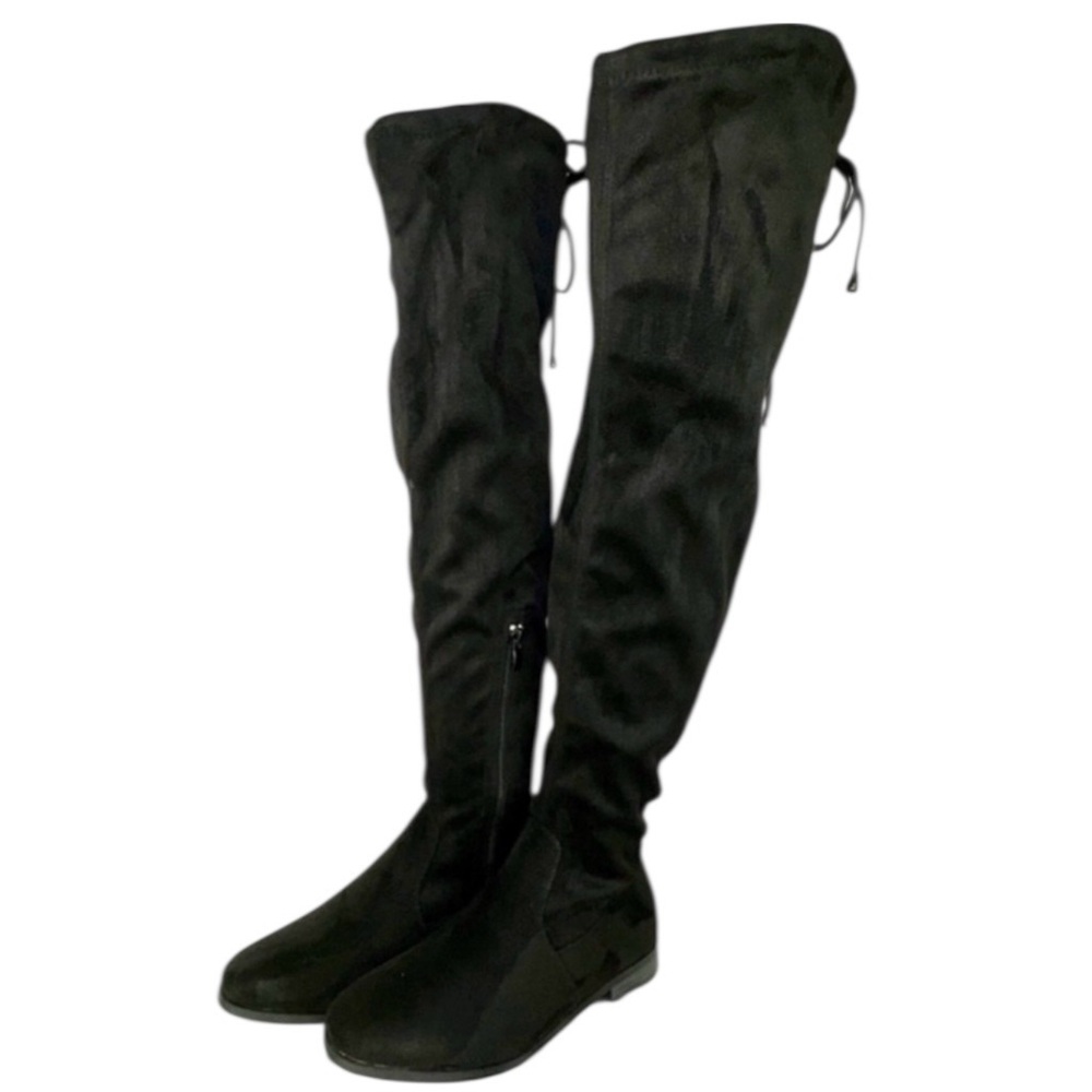 NWOT Le Chateau - Black Stretch Faux Suede Over-the-knee Almond Toe Flat Boot